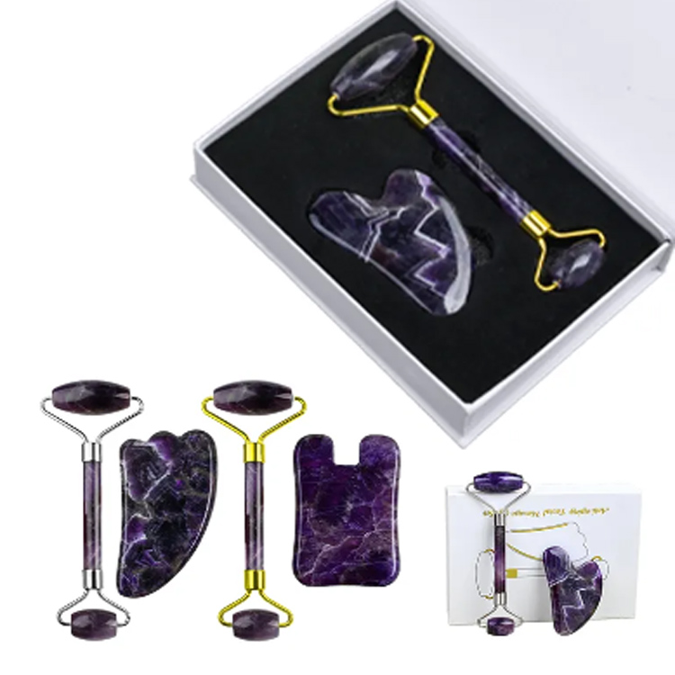 Amethyst nádúrtha sorcóir Jade agus Set Massager Facial Gua Sha