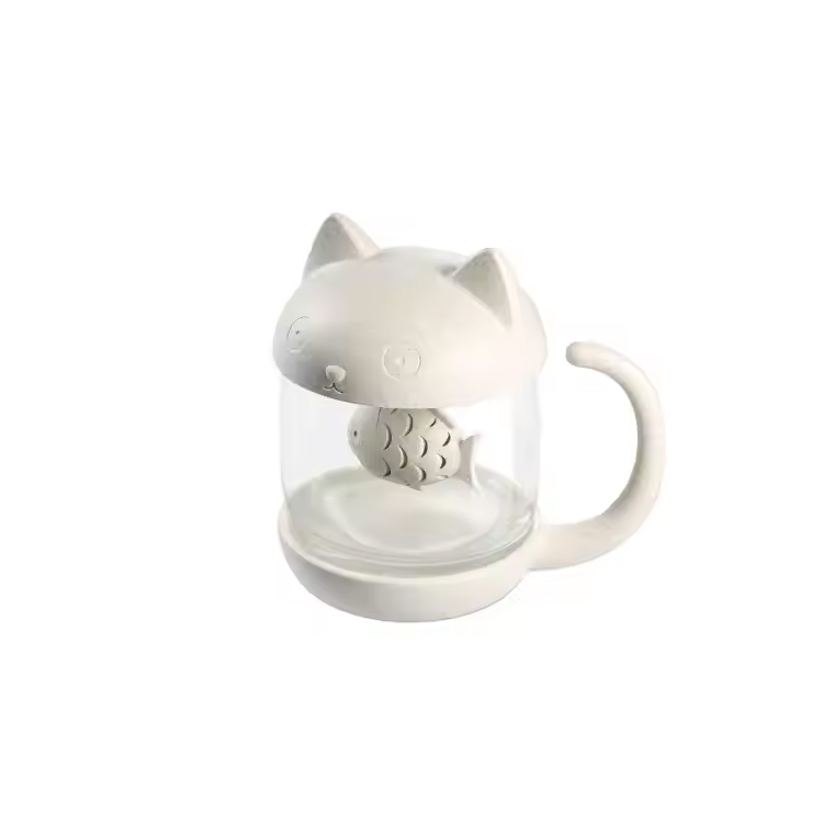 Cupán tae oifige le hearraí gloine atá múnlaithe cat infuser infuser éisc